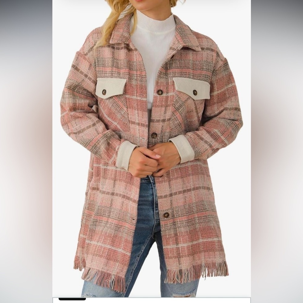 NWOT Casual Plaid Shacket Long Sleeve Button Down Oversized Shirt Jacket Coat - Picture 4 of 6